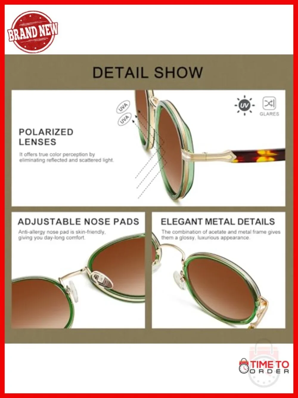 Retro Round Sunglasses Polarized UV Protection Acetate-Metal Frame Designer